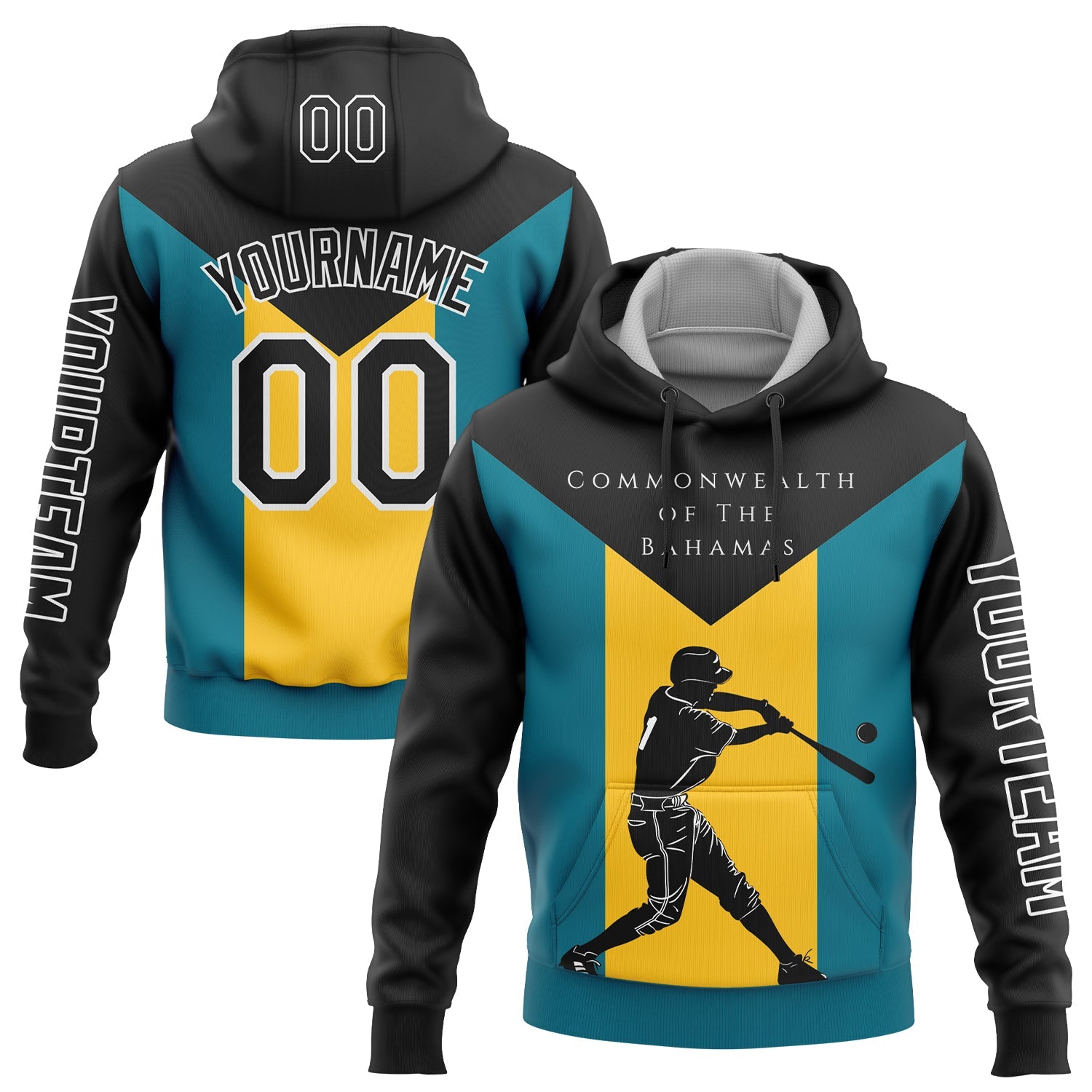 Custom Black Teal-Gold 3D Bahamas Bahamian Flag Sports Pullover Sweatshirt Hoodie - Main View