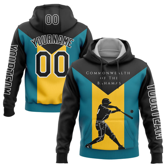 Custom Black Teal-Gold 3D Bahamas Bahamian Flag Sports Pullover Sweatshirt Hoodie - Main View