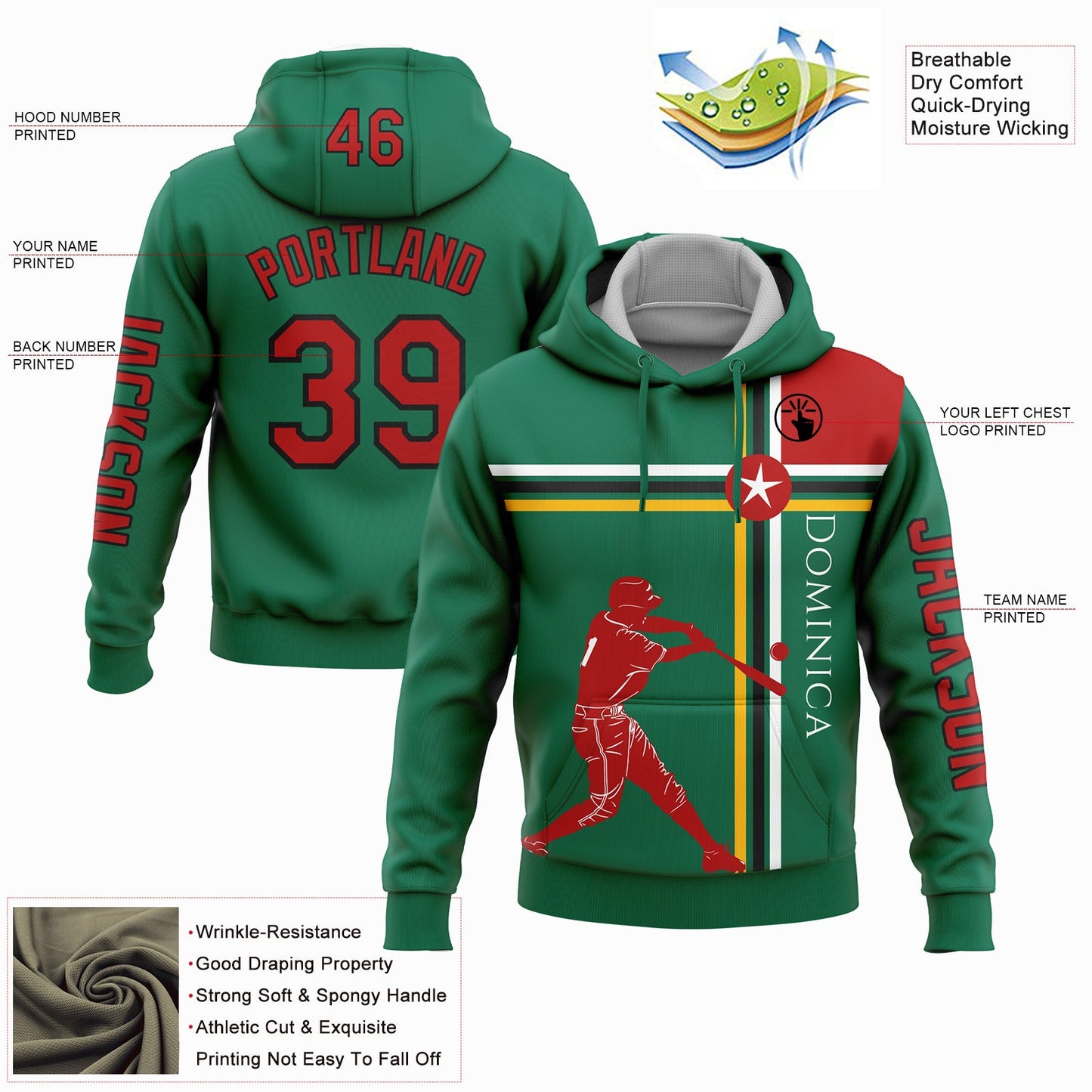 Custom Kelly Green Red Gold-Black 3D Dominic Dominican Flag Sports Pullover Sweatshirt Hoodie view 2