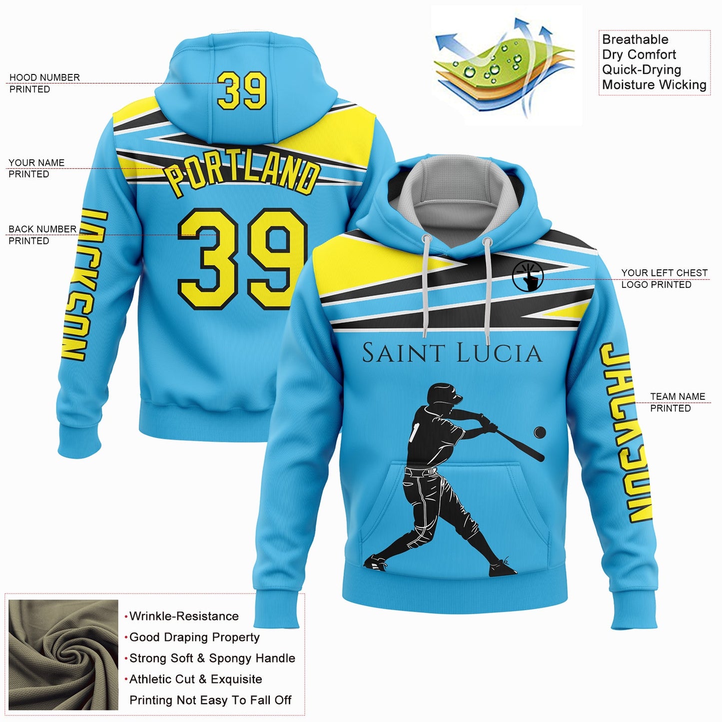 Custom Sky Blue Light Yellow-Black 3D Saint Lucia Saint Lucian Flag Sports Pullover Sweatshirt Hoodie view 2