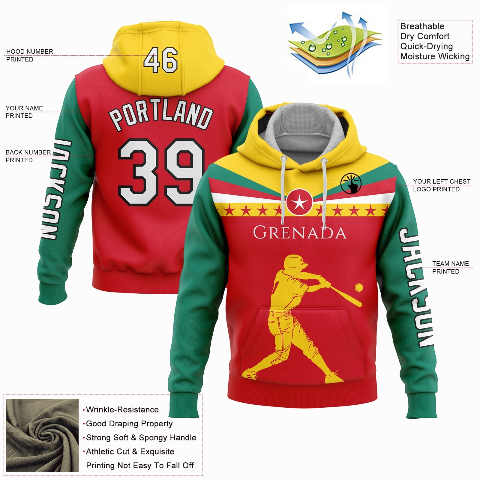 Custom Red Gold-Black 3D Grenada Grenadian Flag Sports Pullover Sweatshirt Hoodie view 2