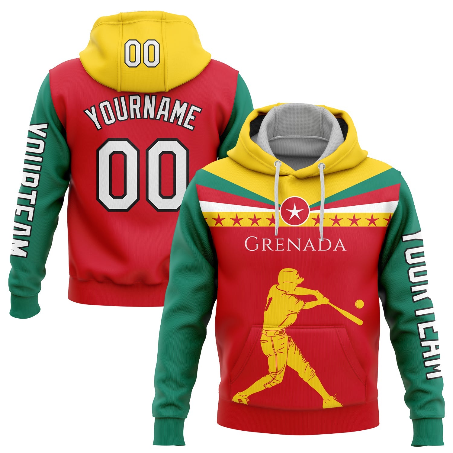 Custom Red Gold-Black 3D Grenada Grenadian Flag Sports Pullover Sweatshirt Hoodie - Main View