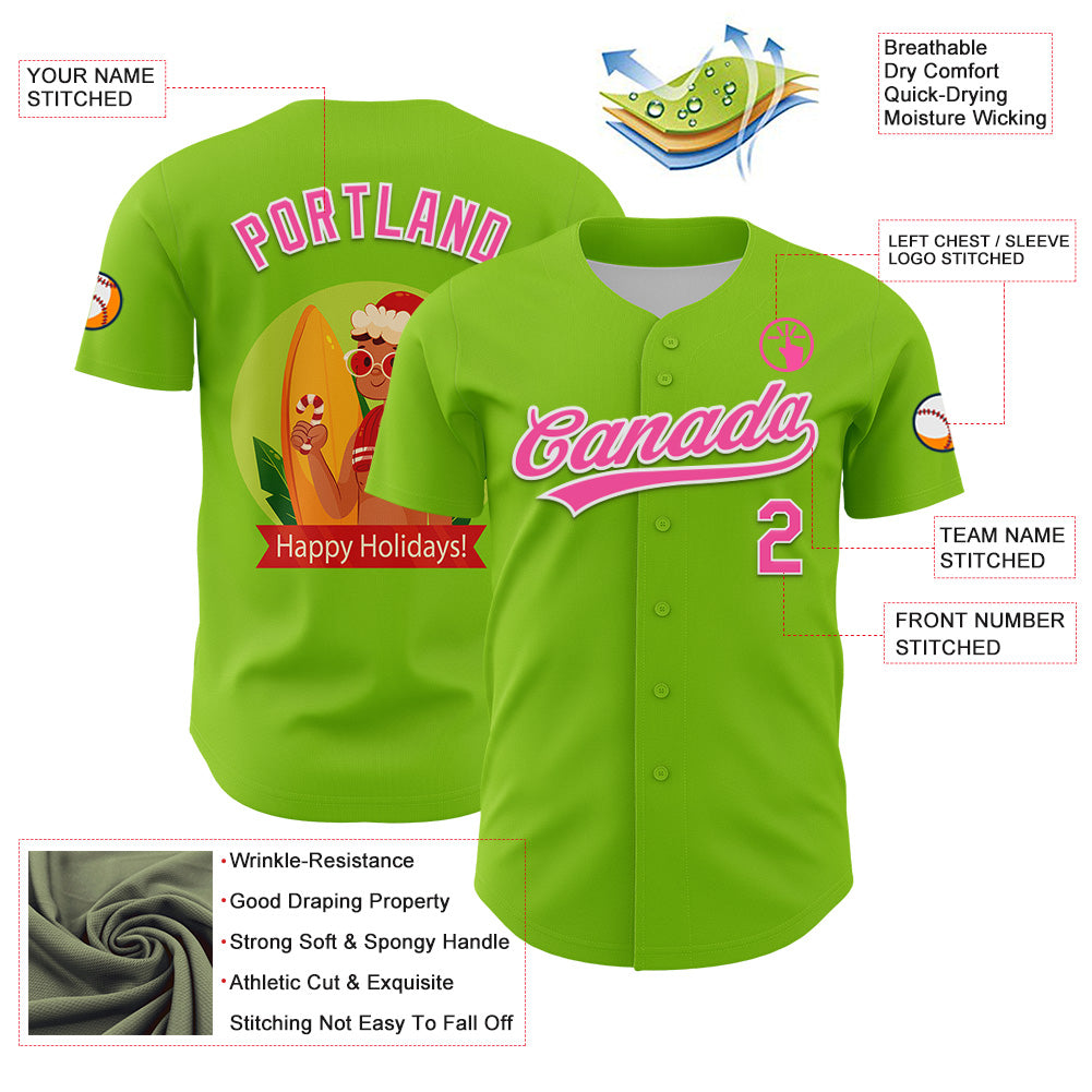 Custom Neon Green Pink-White 3D Funny Christmas Authentic Baseball Jersey view 3