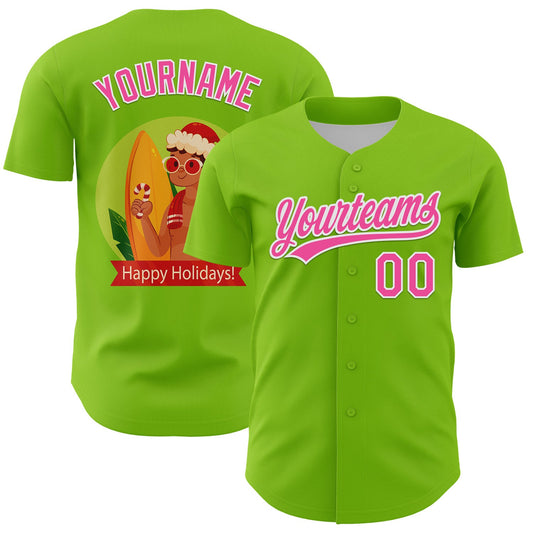 Custom Neon Green Pink-White 3D Funny Christmas Authentic Baseball Jersey - Main View