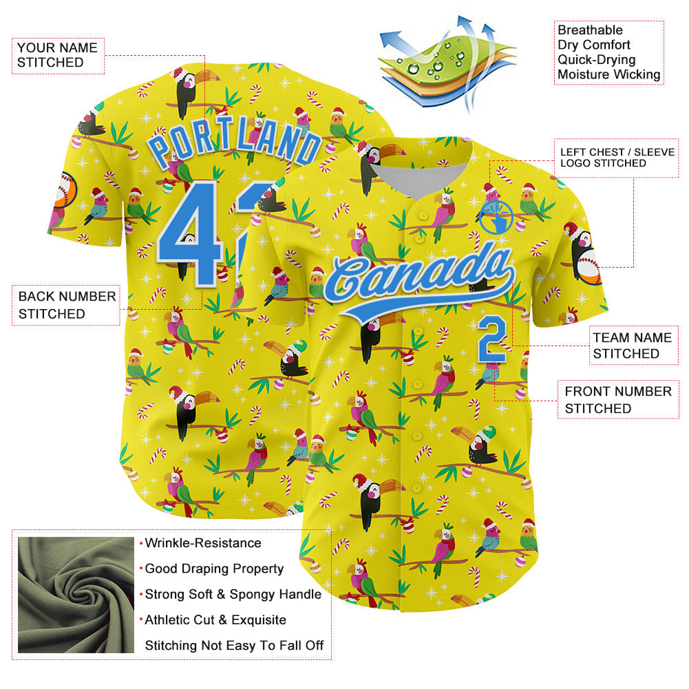 Custom Light Yellow Electric Blue-White 3D Funny Christmas Authentic Baseball Jersey view 3