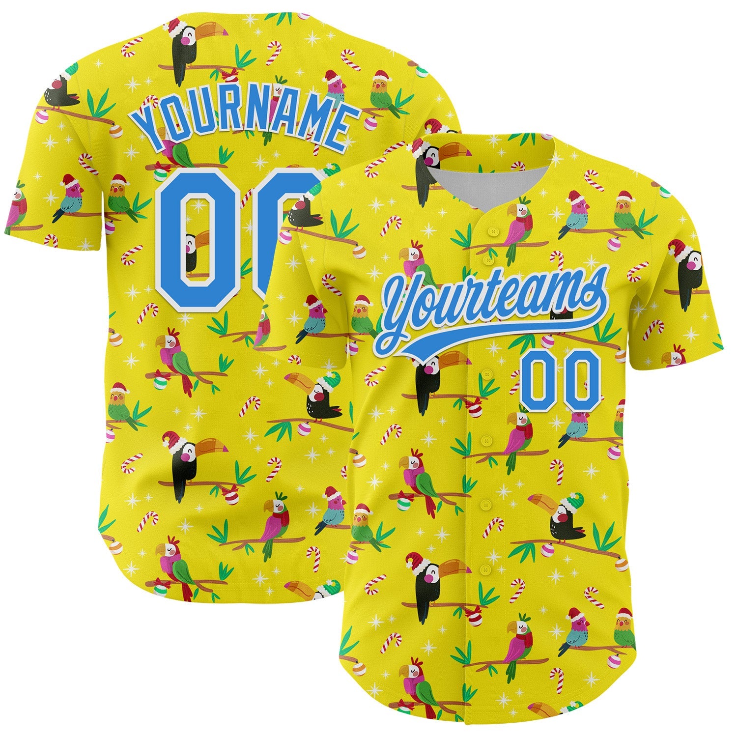 Custom Light Yellow Electric Blue-White 3D Funny Christmas Authentic Baseball Jersey - Main View