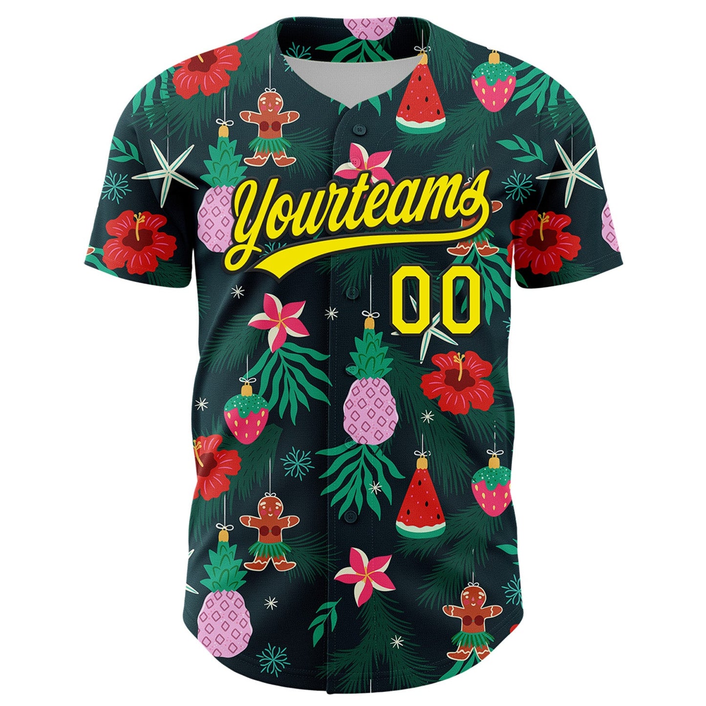Custom Green Light Yellow-Black 3D Funny Christmas Authentic Baseball Jersey view 2