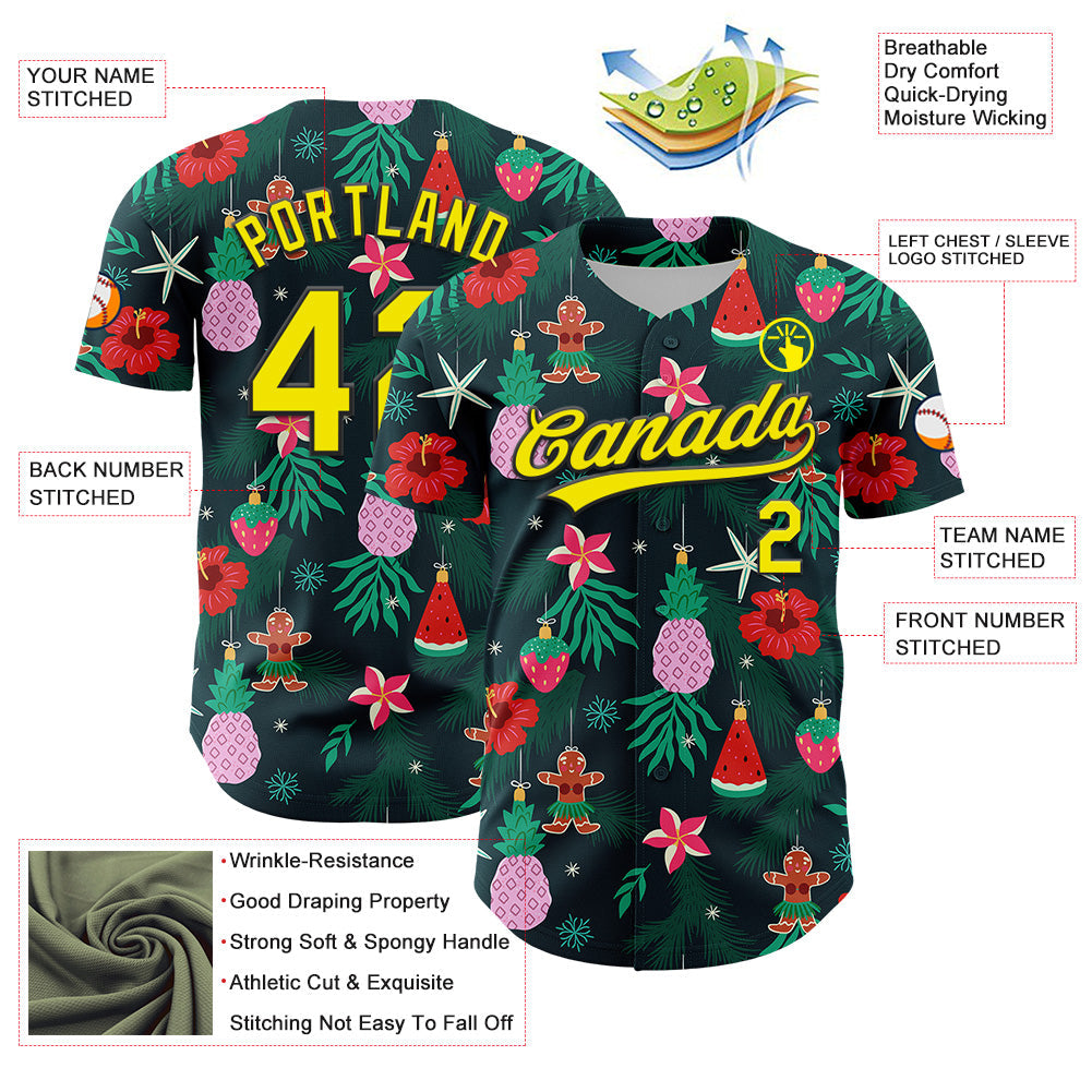 Custom Green Light Yellow-Black 3D Funny Christmas Authentic Baseball Jersey view 3