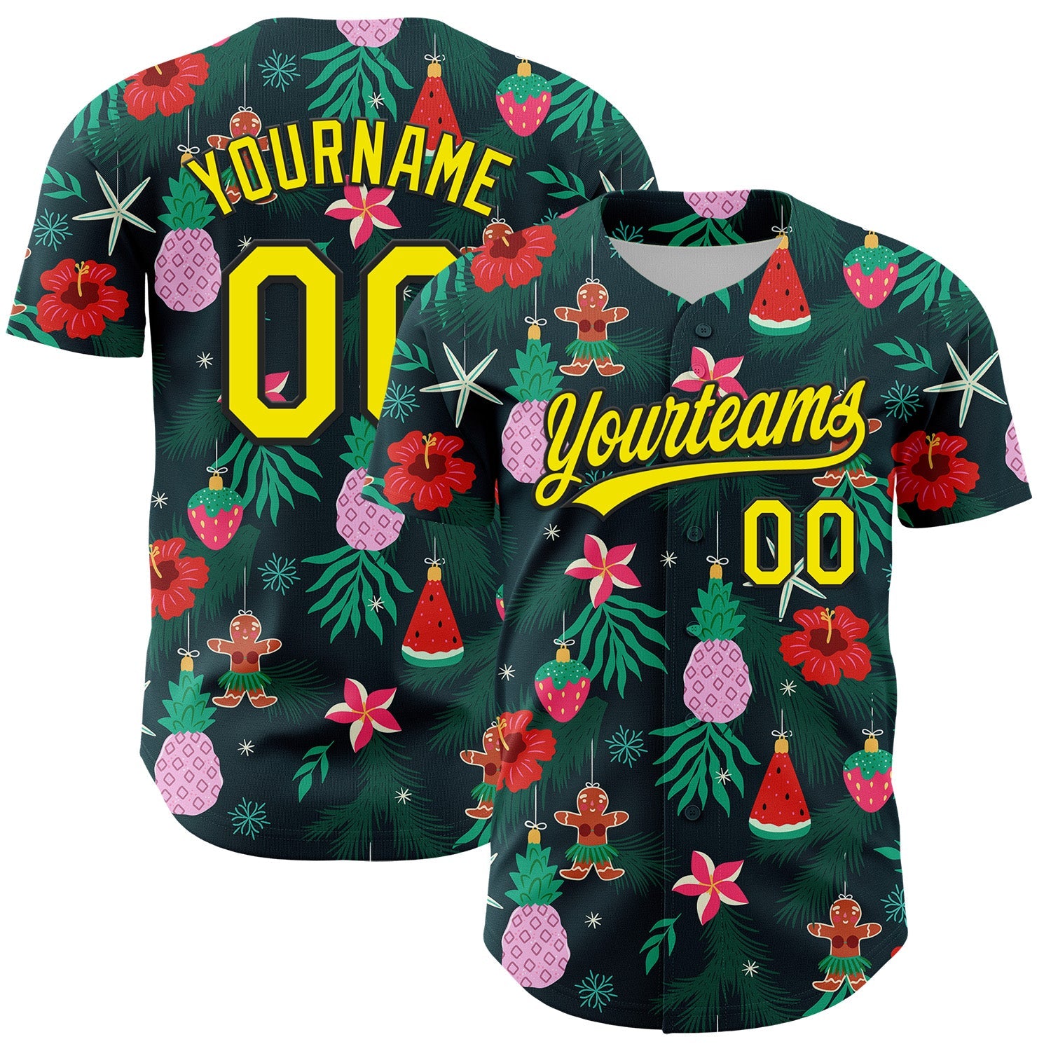 Custom Green Light Yellow-Black 3D Funny Christmas Authentic Baseball Jersey - Main View