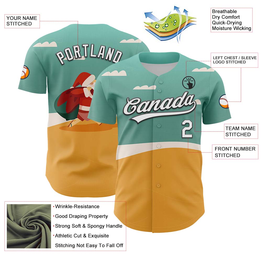 Custom Teal Black-Old Gold 3D Funny Christmas Authentic Baseball Jersey view 3