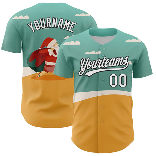 Custom Teal Black-Old Gold 3D Funny Christmas Authentic Baseball Jersey - Main View