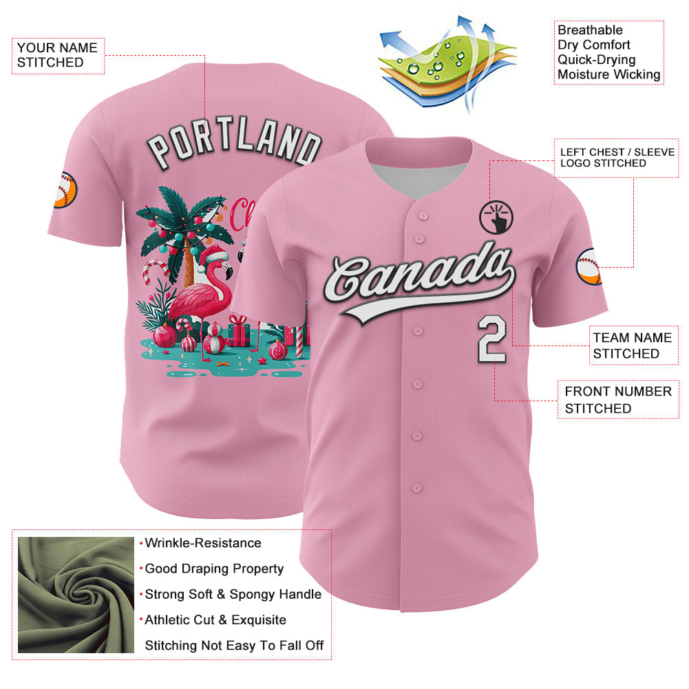 Custom Light Pink White-Black 3D Funny Christmas Authentic Baseball Jersey view 3