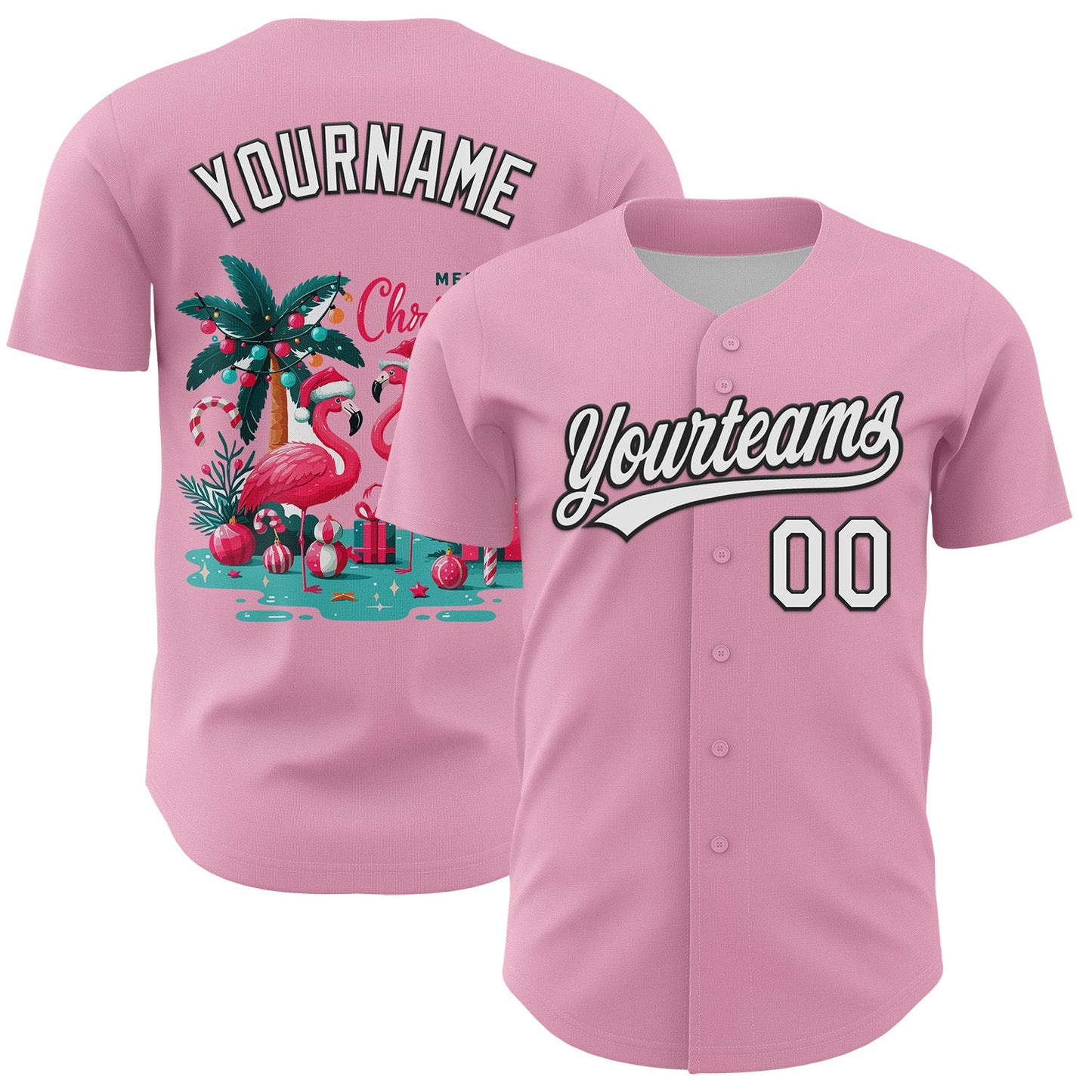 Custom Light Pink White-Black 3D Funny Christmas Authentic Baseball Jersey - Main View