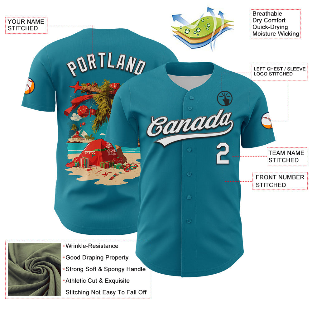 Custom Teal White-Black 3D Funny Christmas Authentic Baseball Jersey view 3