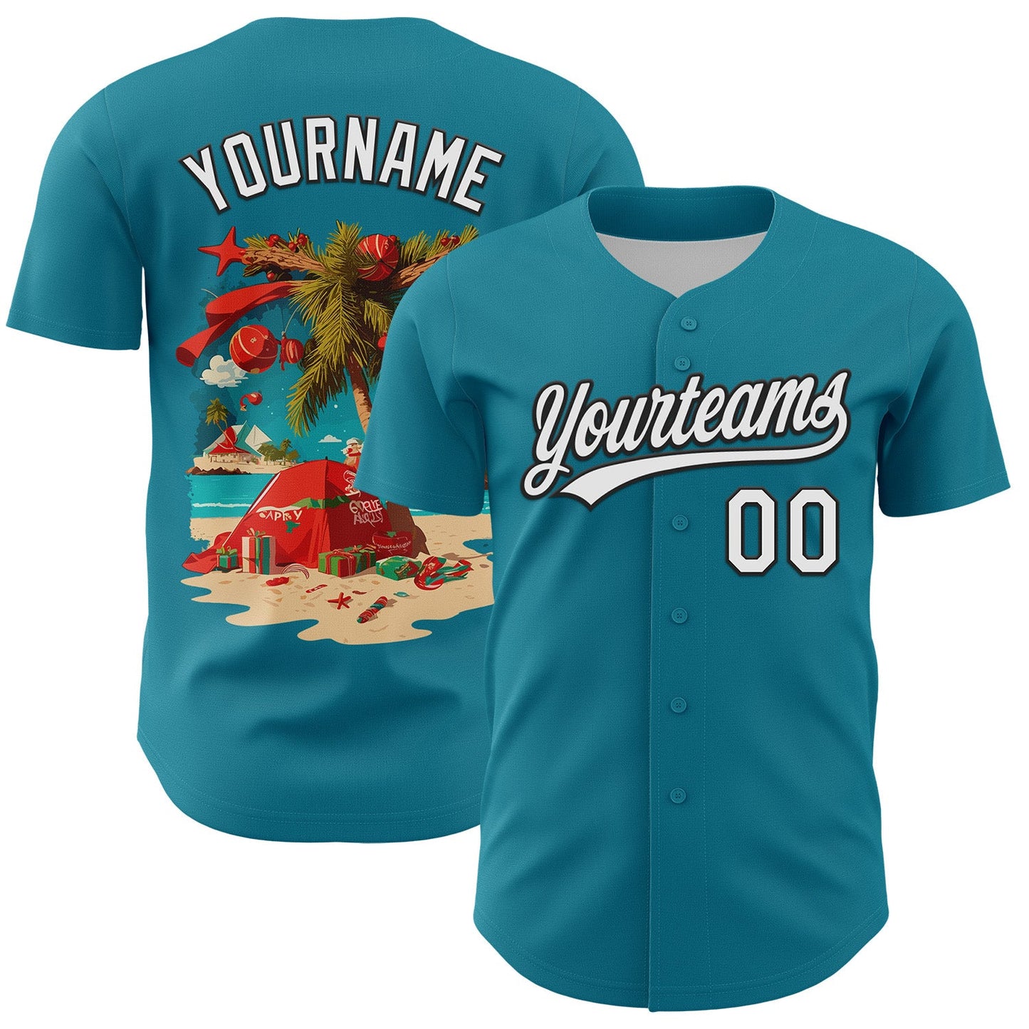 Custom Teal White-Black 3D Funny Christmas Authentic Baseball Jersey - Main View