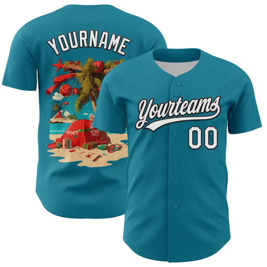 Custom Teal White-Black 3D Funny Christmas Authentic Baseball Jersey - Main View