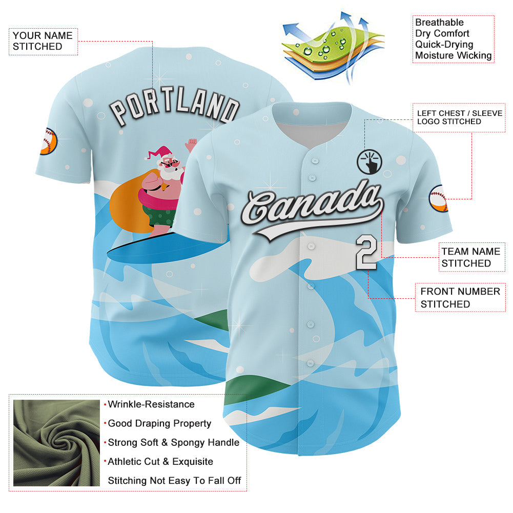 Custom Light Blue White-Black 3D Funny Christmas Authentic Baseball Jersey view 3