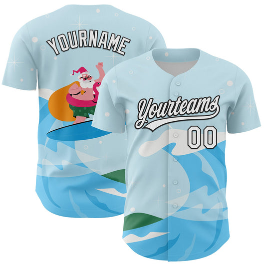 Custom Light Blue White-Black 3D Funny Christmas Authentic Baseball Jersey - Main View