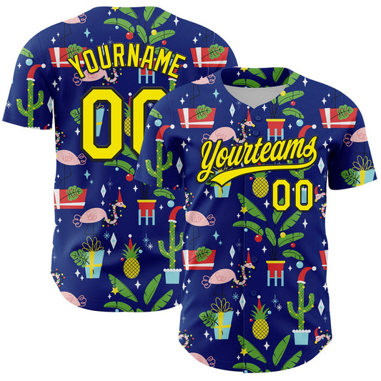 Custom Royal Light Yellow-Black 3D Funny Christmas Authentic Baseball Jersey - Main View