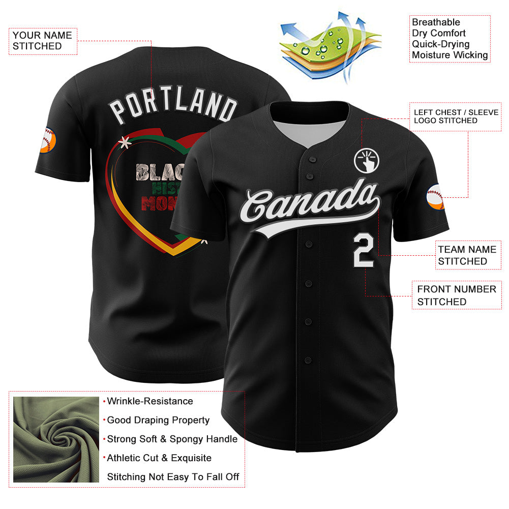 Custom Black White 3D Pattern Design Black History Month Authentic Baseball Jersey view 3