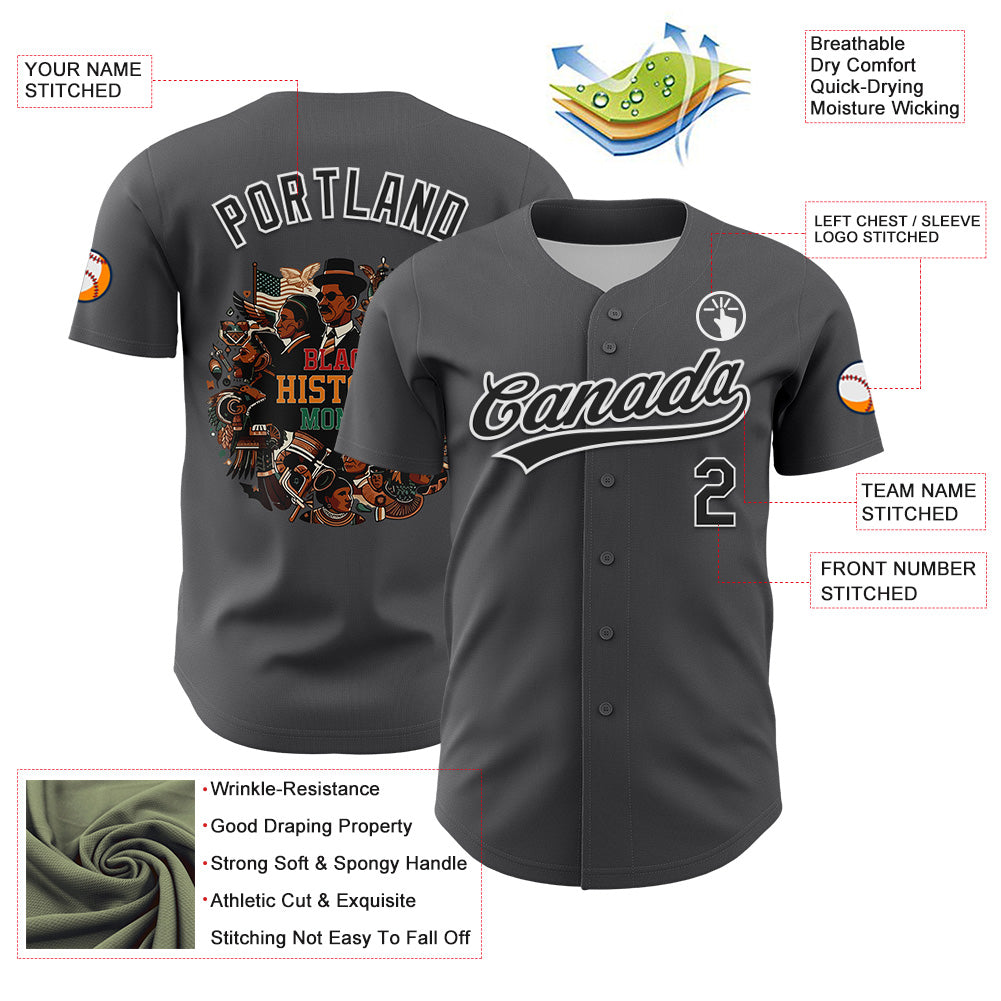 Custom Steel Gray Black-White 3D Pattern Design Black History Month Authentic Baseball Jersey view 3
