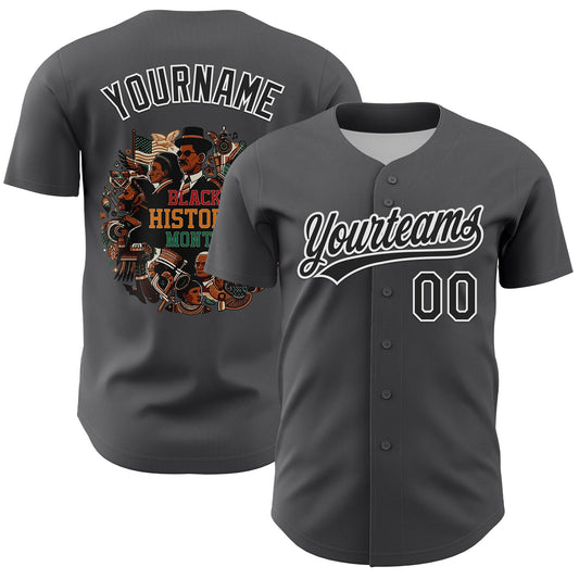 Custom Steel Gray Black-White 3D Pattern Design Black History Month Authentic Baseball Jersey - Main View