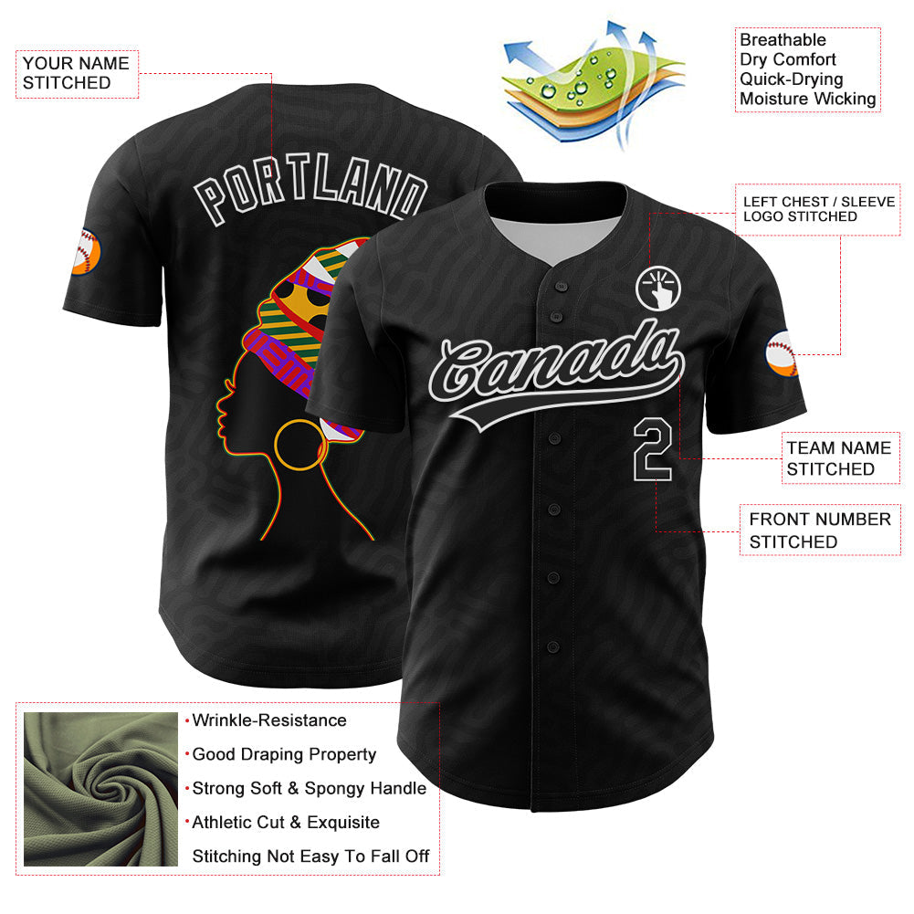 Custom Black White 3D Pattern Design Black History Month Authentic Baseball Jersey view 3