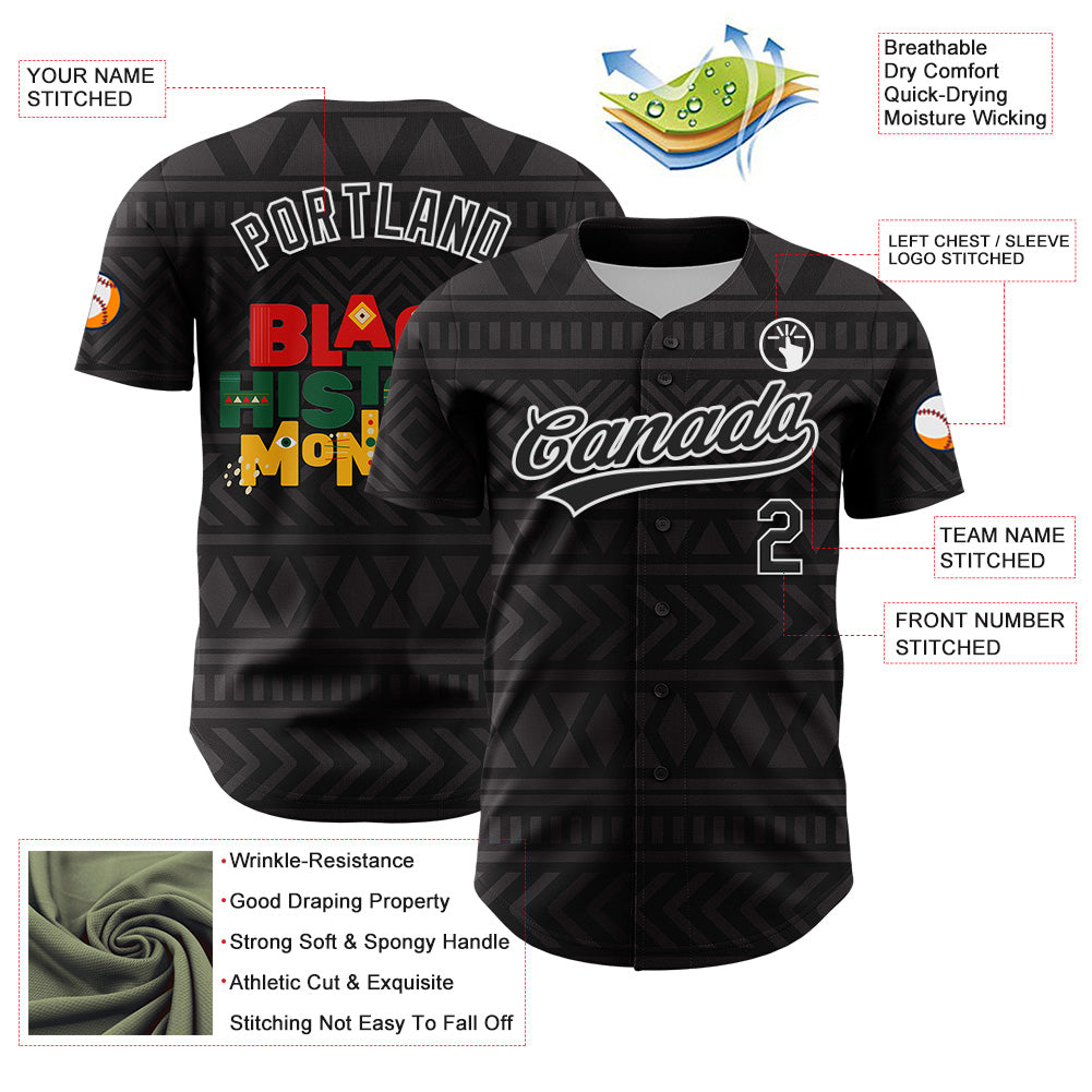 Custom Black White 3D Pattern Design Black History Month Authentic Baseball Jersey view 3