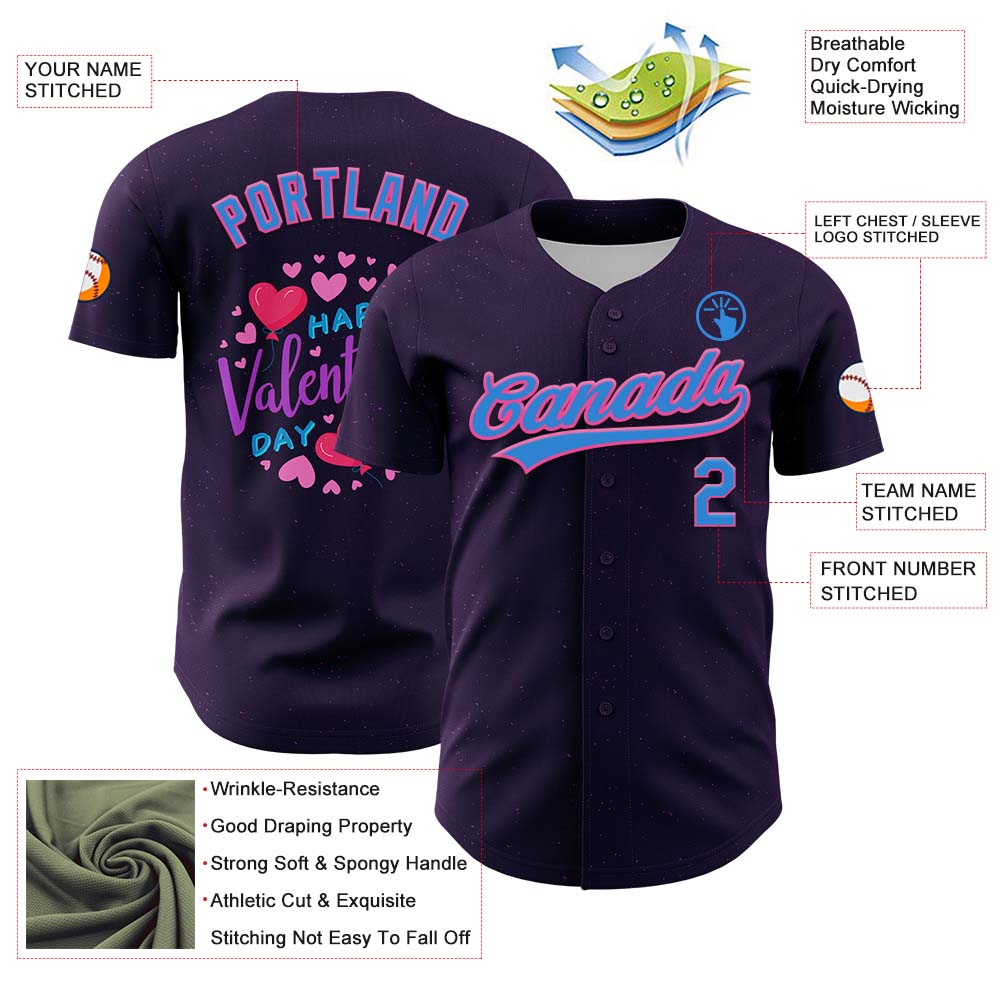 Custom Purple Electric Blue-Pink 3D Love Heart Valentine's Day Authentic Baseball Jersey view 3