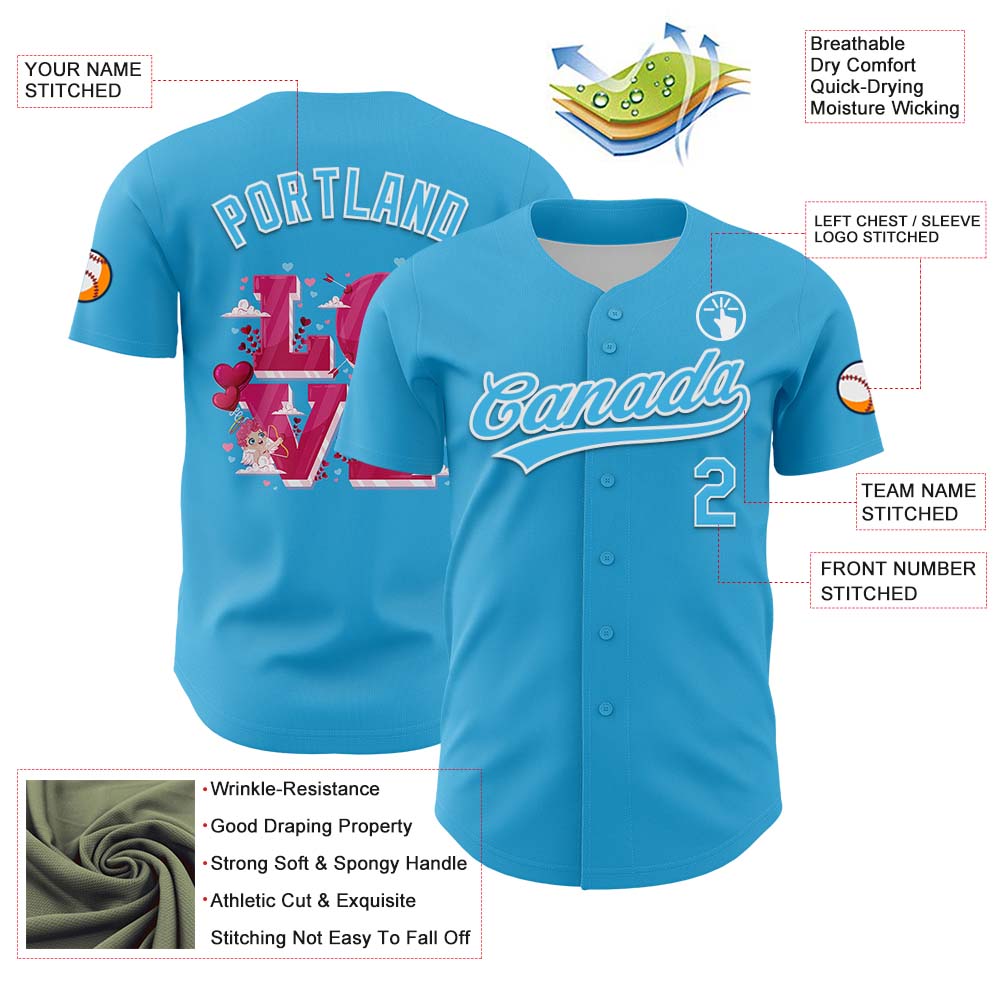 Custom Sky Blue White 3D Love Heart Valentine's Day Authentic Baseball Jersey view 3