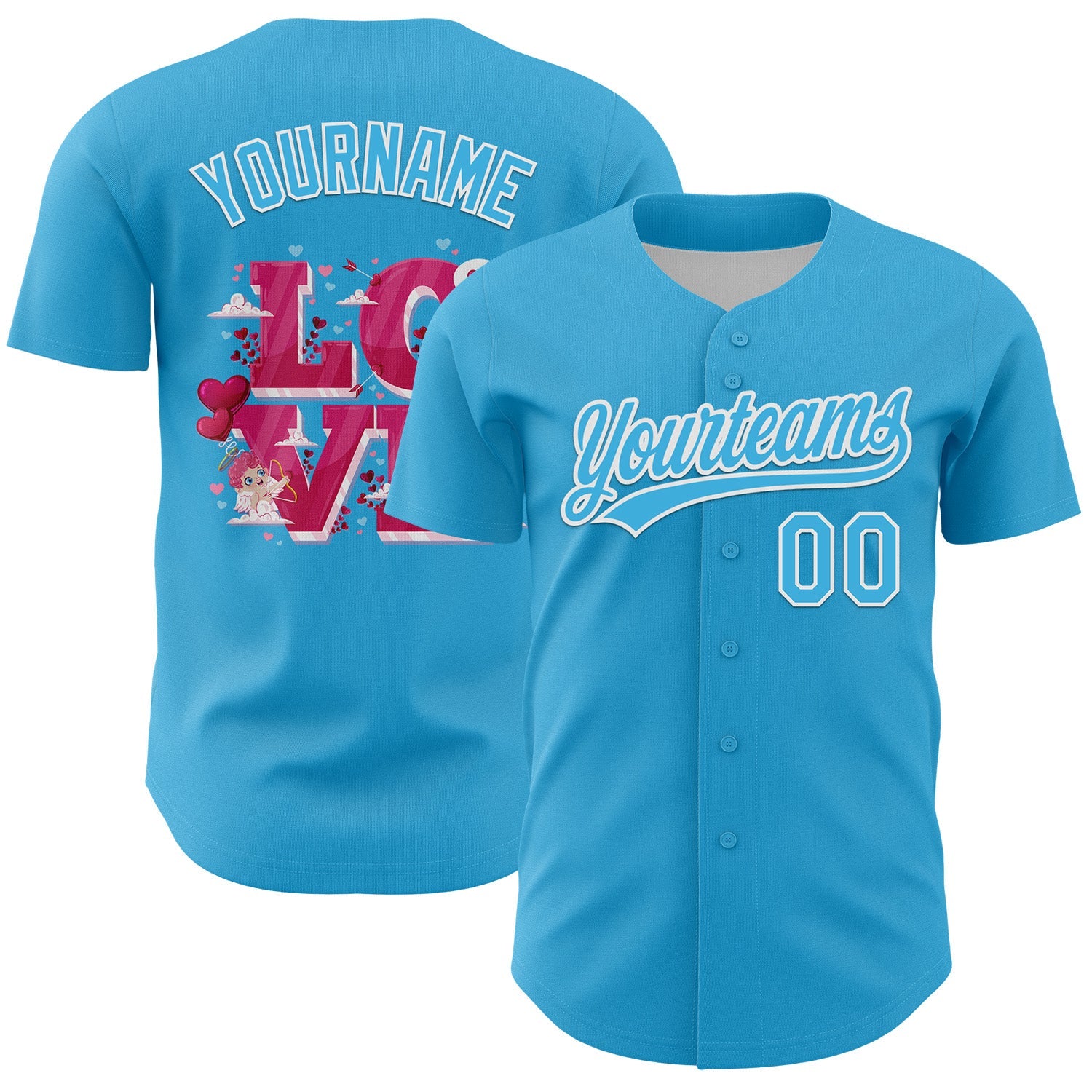 Custom Sky Blue White 3D Love Heart Valentine's Day Authentic Baseball Jersey - Main View