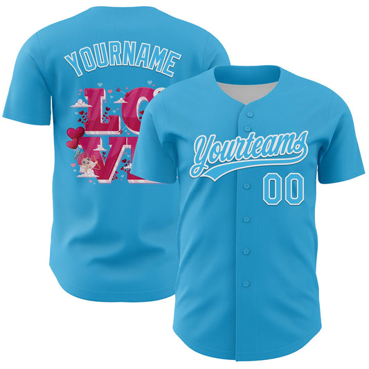 Custom Sky Blue White 3D Love Heart Valentine's Day Authentic Baseball Jersey - Main View