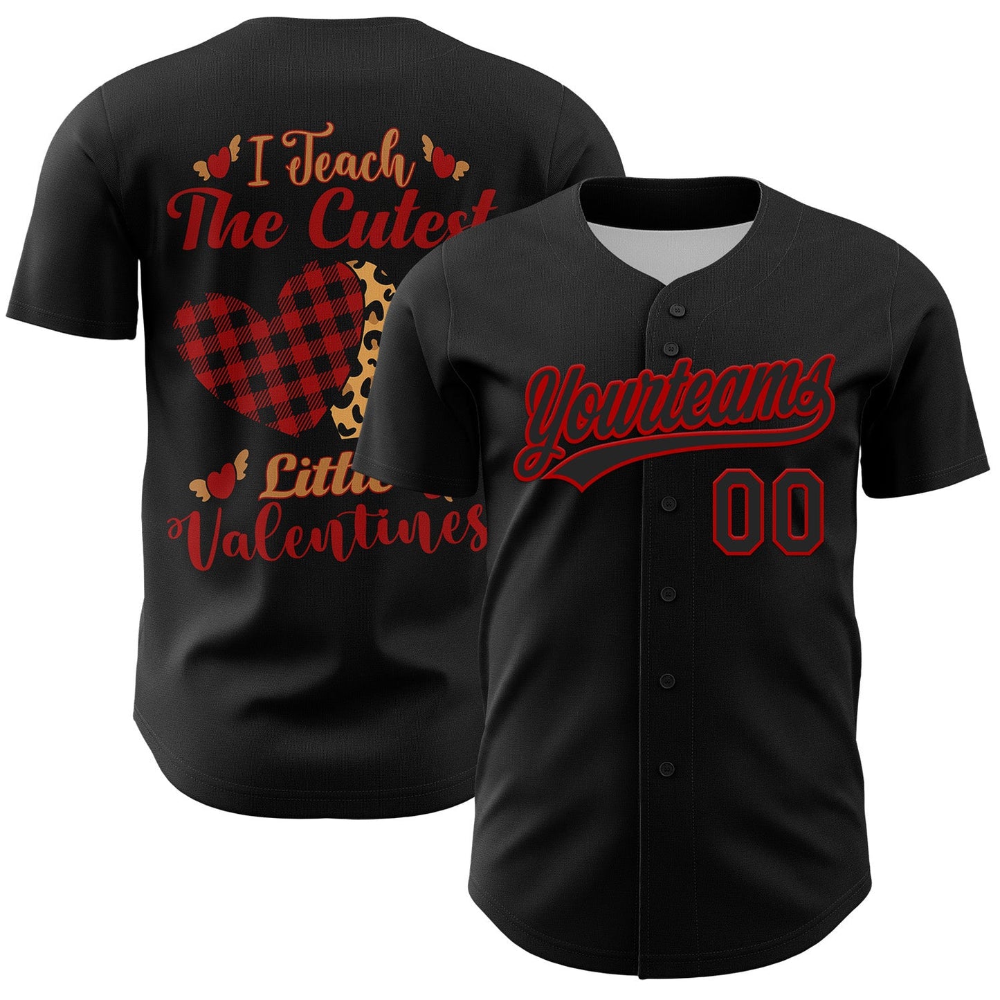 Custom Black Red 3D Love Heart Valentine's Day Authentic Baseball Jersey - Main View