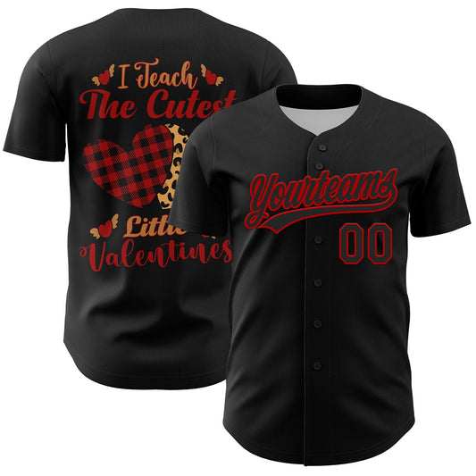 Custom Black Red 3D Love Heart Valentine's Day Authentic Baseball Jersey - Main View
