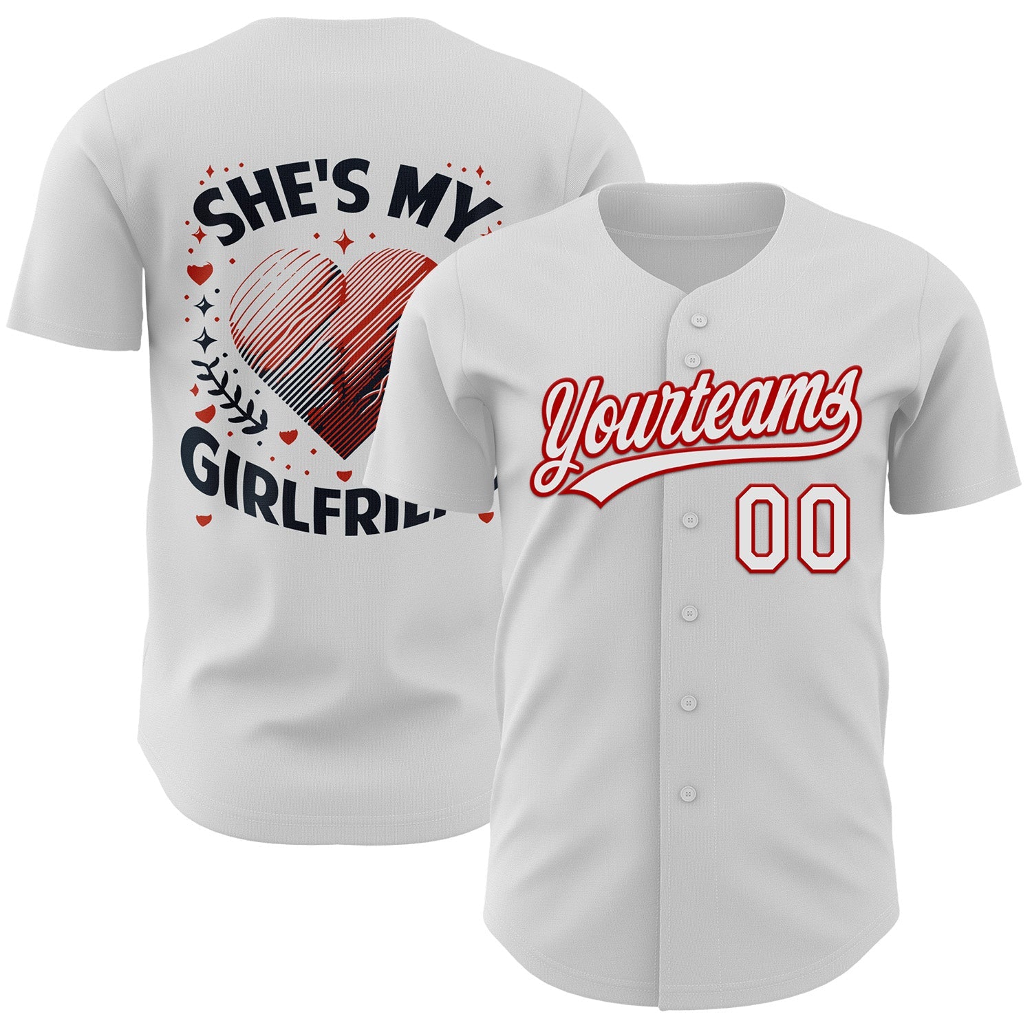 Custom White Red 3D Love Heart Valentine's Day Authentic Baseball Jersey - Main View