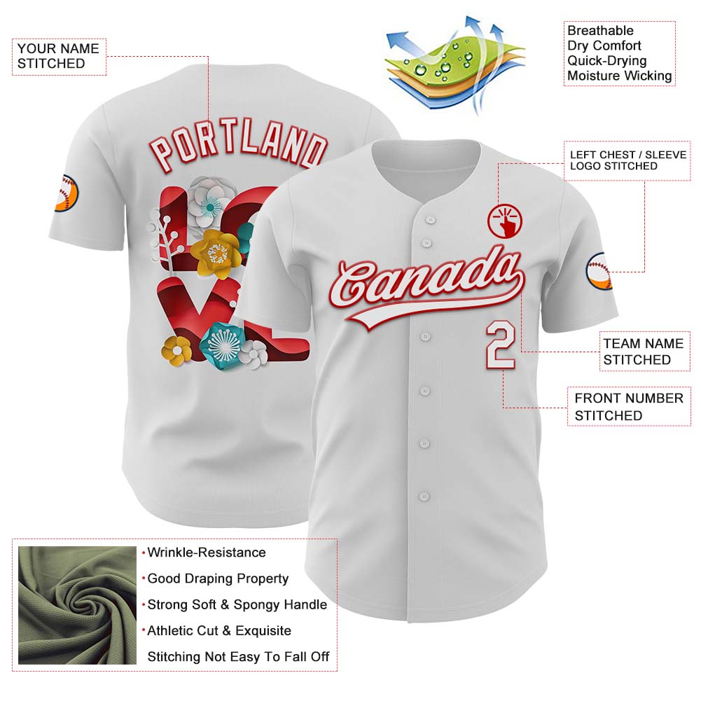 Custom White Red 3D Love Heart Valentine's Day Authentic Baseball Jersey view 3