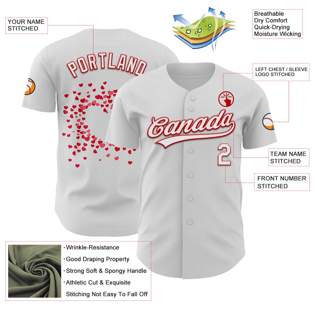 Custom White Red 3D Love Heart Valentine's Day Authentic Baseball Jersey view 3