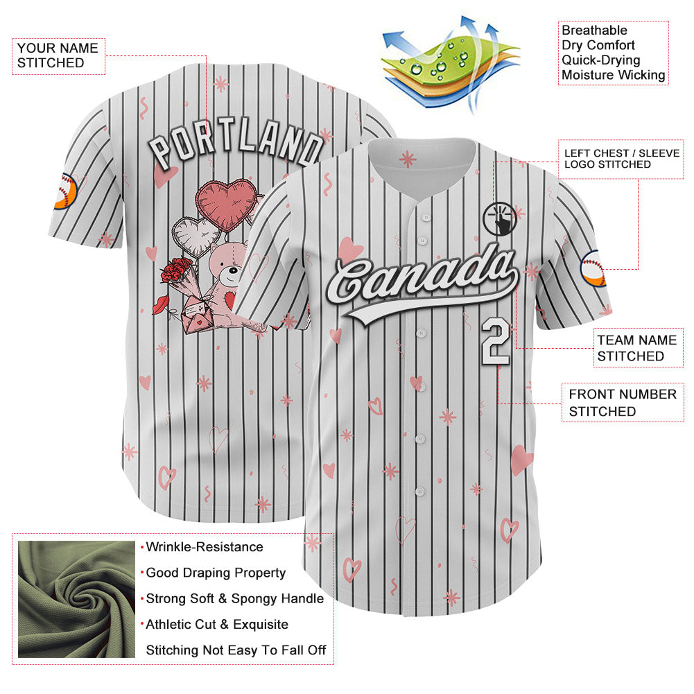 Custom White Black Pinstripe Black 3D Love Heart Valentine's Day Authentic Baseball Jersey view 3