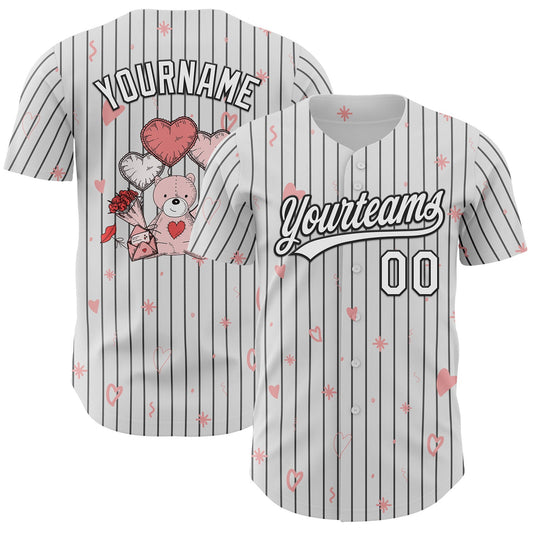 Custom White Black Pinstripe Black 3D Love Heart Valentine's Day Authentic Baseball Jersey - Main View