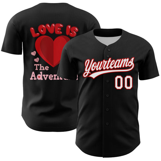 Custom Black White-Red 3D Love Heart Valentine's Day Authentic Baseball Jersey - Main View