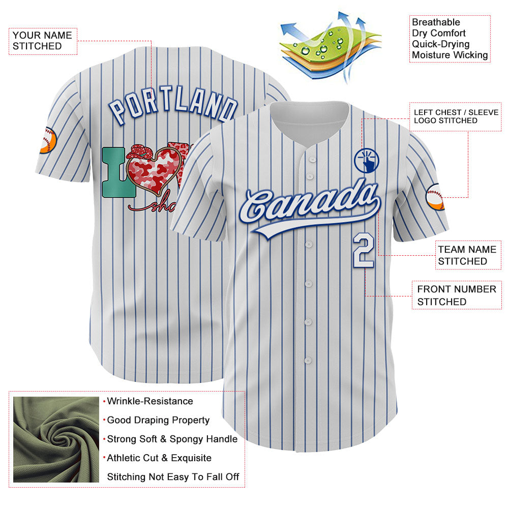 Custom White Royal Pinstripe Royal 3D Love Heart Valentine's Day Authentic Baseball Jersey view 3