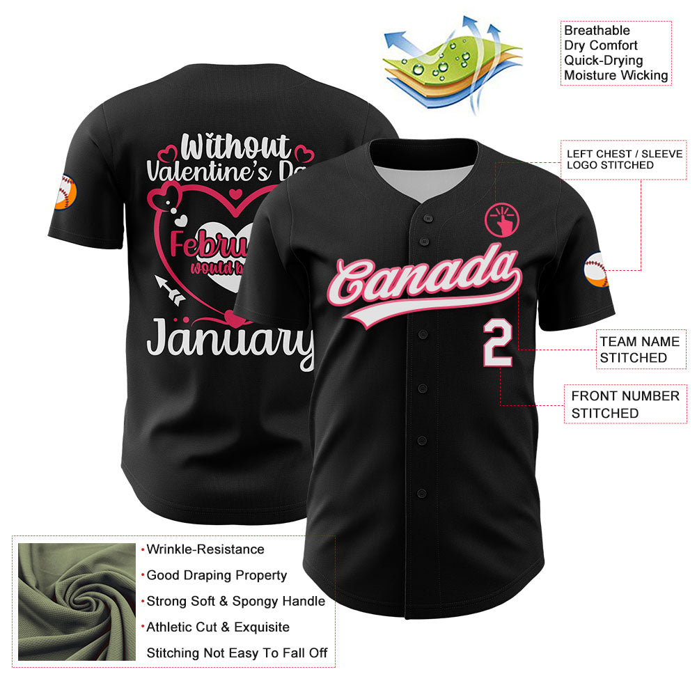 Custom Black White-Neon Pink 3D Love Heart Valentine's Day Authentic Baseball Jersey view 3