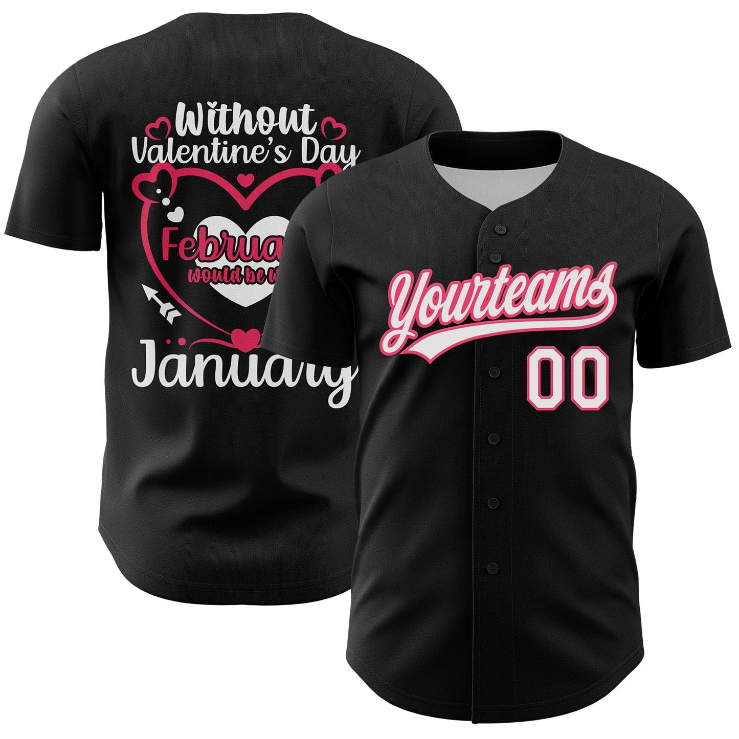Custom Black White-Neon Pink 3D Love Heart Valentine's Day Authentic Baseball Jersey - Main View