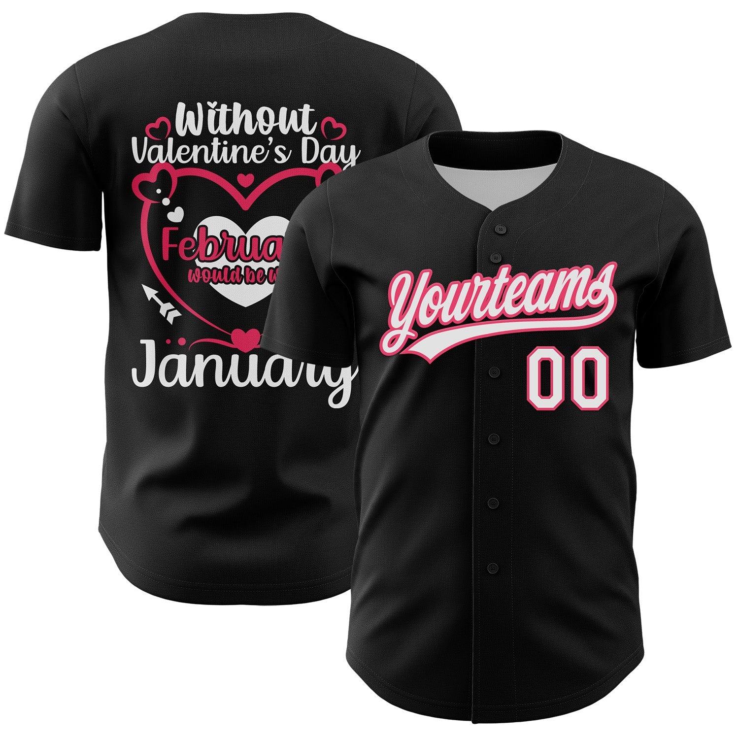 Custom Black White-Neon Pink 3D Love Heart Valentine's Day Authentic Baseball Jersey - Main View