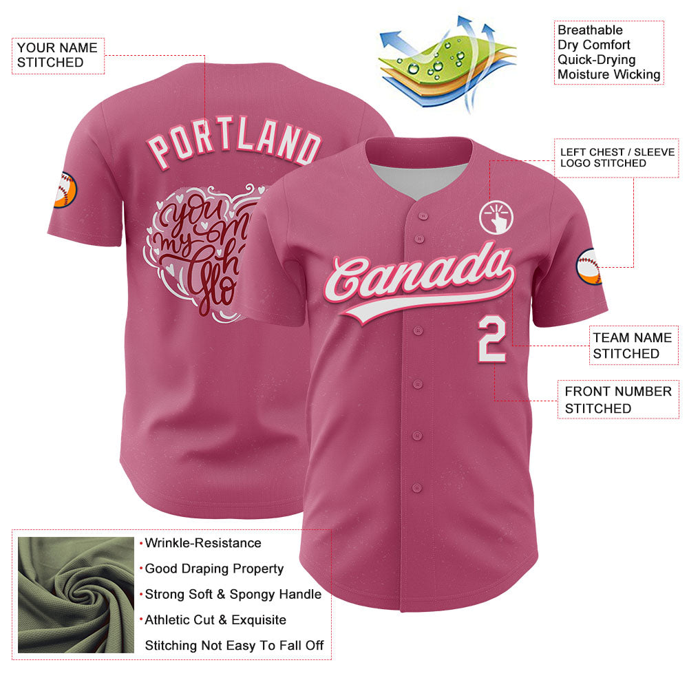 Custom Pink White-Neon Pink 3D Love Heart Valentine's Day Authentic Baseball Jersey view 3