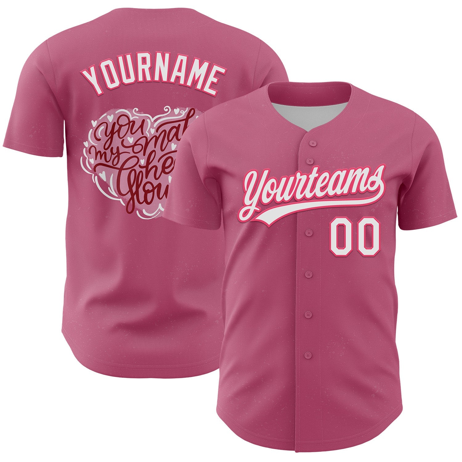 Custom Pink White-Neon Pink 3D Love Heart Valentine's Day Authentic Baseball Jersey - Main View