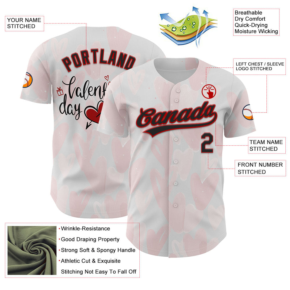 Custom White Red-Black 3D Love Heart Valentine's Day Authentic Baseball Jersey view 3