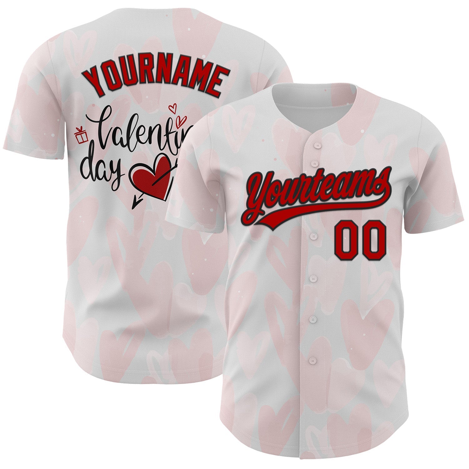 Custom White Red-Black 3D Love Heart Valentine's Day Authentic Baseball Jersey - Main View