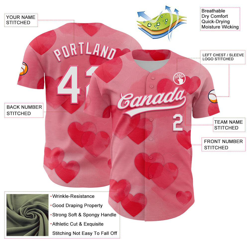 Custom Neon Pink White 3D Love Heart Valentine's Day Authentic Baseball Jersey view 3