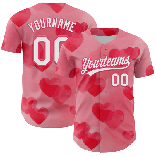 Custom Neon Pink White 3D Love Heart Valentine's Day Authentic Baseball Jersey - Main View